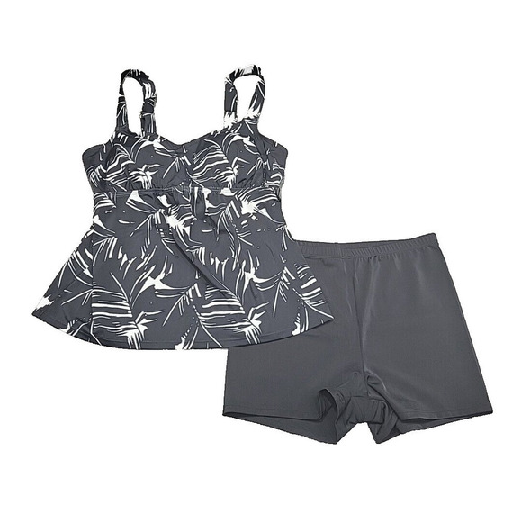 Kim Gravel x Swimsuits For All Printed Tankini Set w Bike Shorts Size 10 Black - Picture 1 of 9